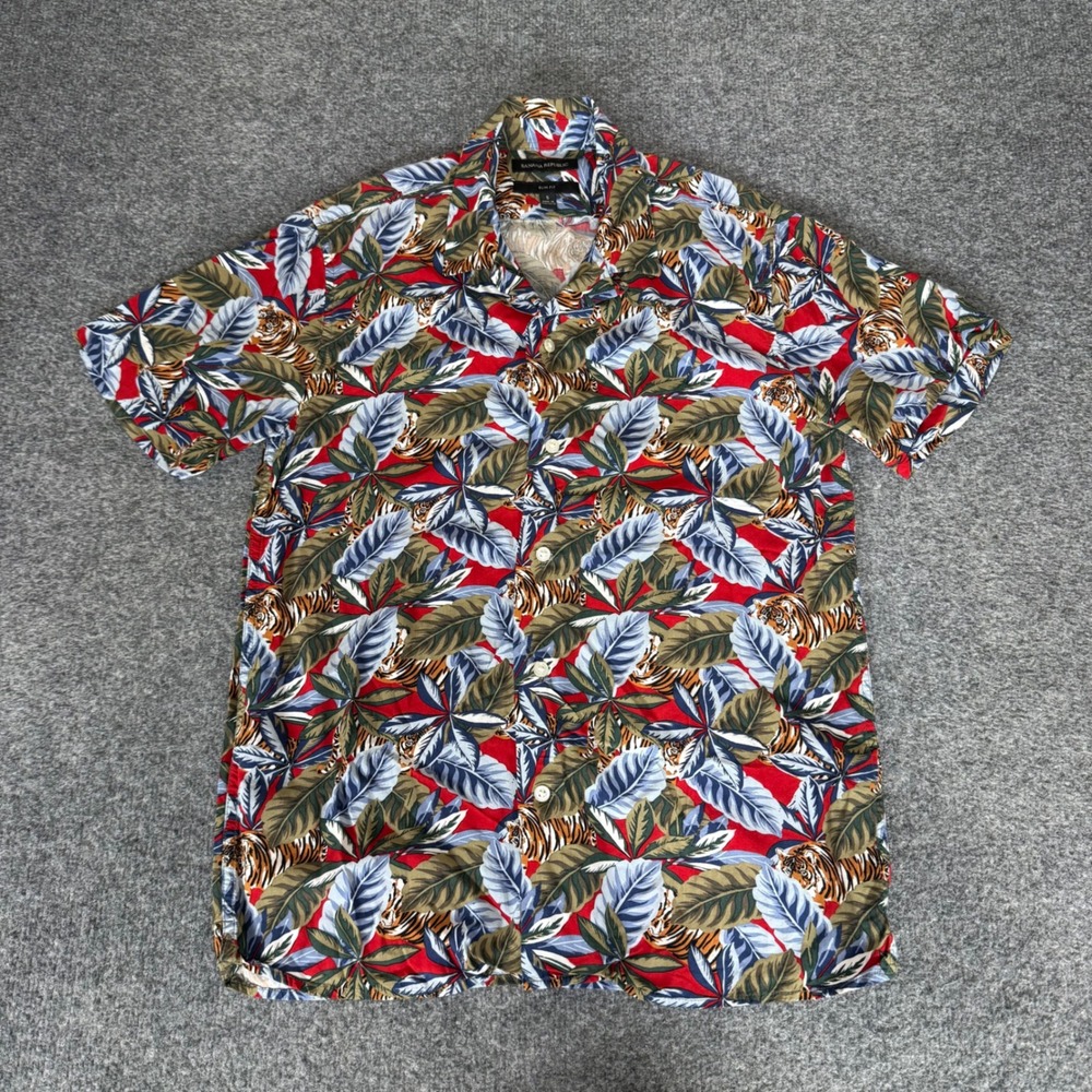 Banana Republic Mens Slim Fit Tiger Tropical Rayon Button Up Shirt Red Small